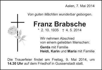 Traueranzeige von Franz Brabsche von Schwäbische Post