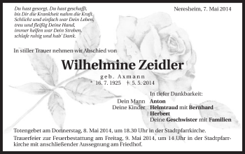 Traueranzeige von Wilhelmine Zeidler von Schwäbische Post