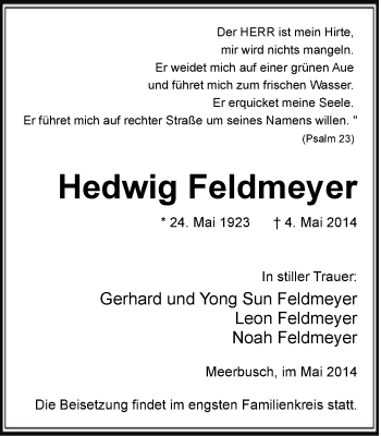 Traueranzeige von Hedwig Feldmeyer von Schwäbische Post