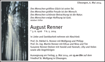 Traueranzeige von August Renner von Schwäbische Post