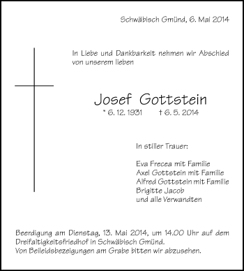 Traueranzeige von Josef Gottstein von Gmünder Tagespost