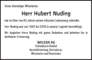 Traueranzeige von Hubert Nuding von Gmünder Tagespost