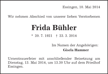 Traueranzeige von Frida Bühler von Schwäbische Post