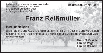 Traueranzeige von Franz Reißmüller von Gmünder Tagespost