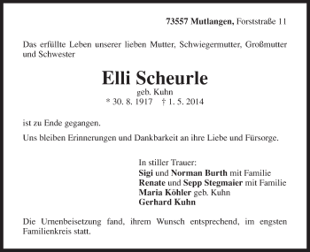 Traueranzeige von Elli Scheurle von Gmünder Tagespost
