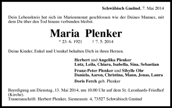 Traueranzeige von Maria Plenker von Gmünder Tagespost