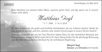 Traueranzeige von Matthias Gogl von Gmünder Tagespost
