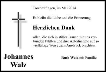 Traueranzeige von Johannes Walz von Schwäbische Post