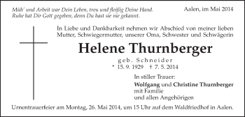 Traueranzeige von Helene Thurnberger von Schwäbische Post