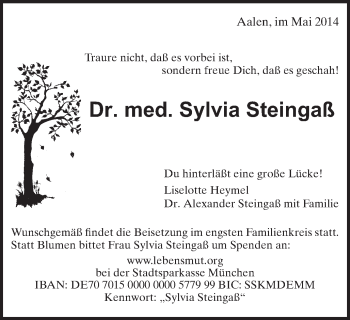 Traueranzeige von Sylvia Steingaß von Schwäbische Post