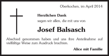 Traueranzeige von Josef Balsasch von Schwäbische Post