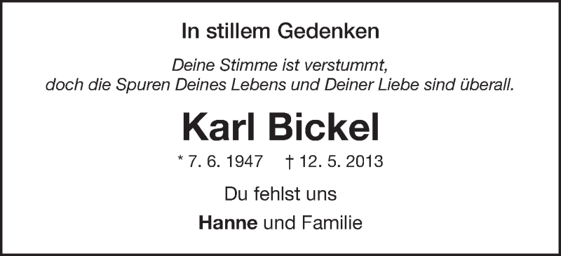  Traueranzeige für Karl Bickel vom 12.05.2014 aus Schwäbische Post