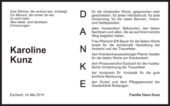 Traueranzeige von Karoline Kunz von Gmünder Tagespost