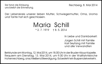 Traueranzeige von Maria Schill von Gmünder Tagespost