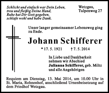 Traueranzeige von Johann Schifferer von Gmünder Tagespost