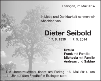 Traueranzeige von Dieter Seibold von Schwäbische Post