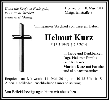 Traueranzeige von Helmut Kurz von Gmünder Tagespost