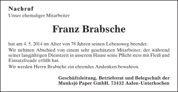 Traueranzeige von Franz Brabsche von Schwäbische Post