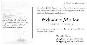 Traueranzeige von Edmund Mallon von Gmünder Tagespost