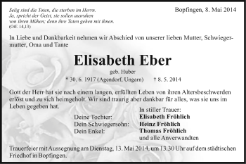 Traueranzeige von Elisabeth Eber von Schwäbische Post