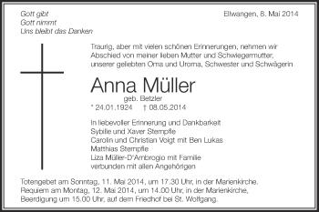 Traueranzeige von Anna Müller von Schwäbische Post