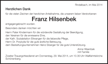 Traueranzeige von Franz Hilsenbek von Schwäbische Post