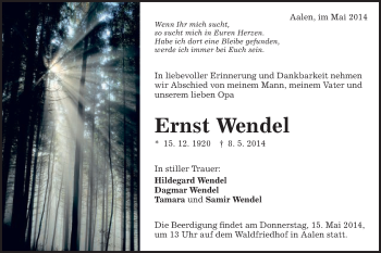 Traueranzeige von Ernst Wendel von Schwäbische Post