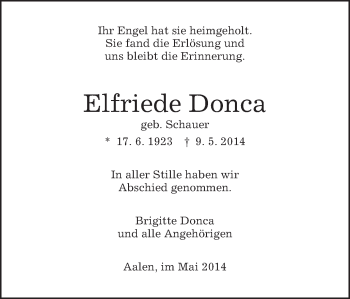 Traueranzeige von Elfriede Donca von Schwäbische Post