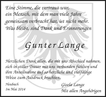 Traueranzeige von Gunter Lange von Gmünder Tagespost