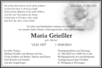 Traueranzeige von Maria Grießler von Schwäbische Post