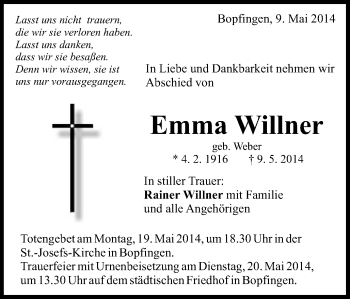 Traueranzeige von Emma Willner von Schwäbische Post