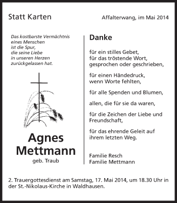 Traueranzeige von Agnes Mettmann von Schwäbische Post