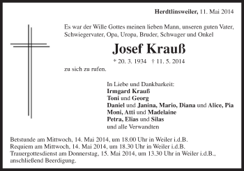 Traueranzeige von Josef Krauß von Gmünder Tagespost