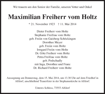 Traueranzeige von Maximilian Freiherr vom Holtz von Gmünder Tagespost