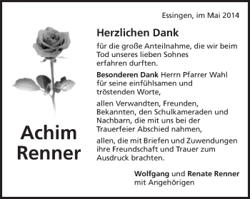 Traueranzeige von Achim Renner von Schwäbische Post