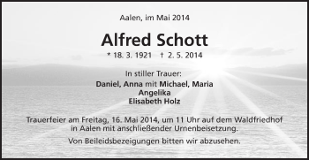 Traueranzeige von Alfred Schott von Schwäbische Post