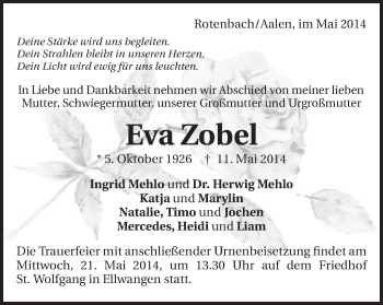 Traueranzeige von Eva Zobel von Schwäbische Post
