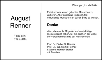 Traueranzeige von August Renner von Schwäbische Post