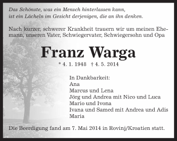 Traueranzeige von Franz Warga von Gmünder Tagespost