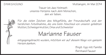 Traueranzeige von Marianne Fauser von Gmünder Tagespost