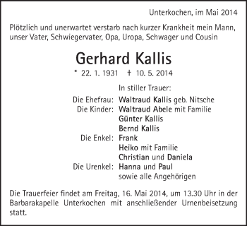 Traueranzeige von Gerhard Kallis von Schwäbische Post
