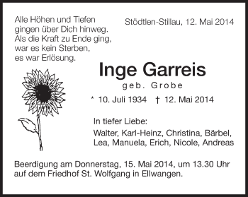 Traueranzeige von Inge Garreis von Schwäbische Post