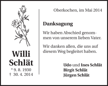 Traueranzeige von Willi Schlät von Schwäbische Post