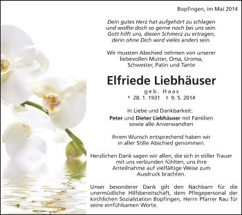 Traueranzeige von Elfriede Liebhäuser von Schwäbische Post