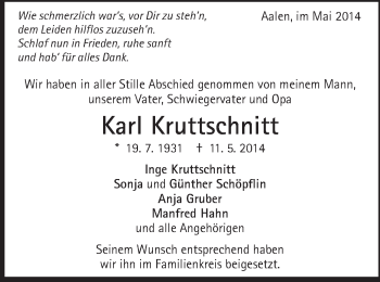 Traueranzeige von Karl Kruttschnitt von Schwäbische Post