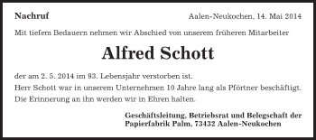 Traueranzeige von Alfred Schott von Schwäbische Post