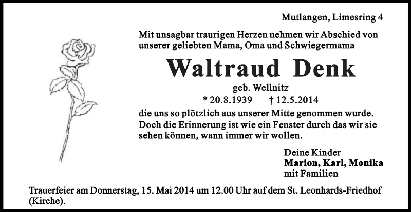  Traueranzeige für Waltraud Denk vom 14.05.2014 aus Gmünder Tagespost