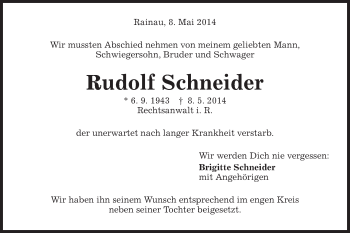 Traueranzeige von Rudolf Schneider von Schwäbische Post