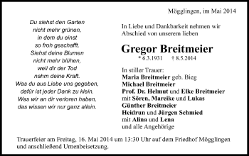 Traueranzeige von Gregor Breitmeier von Gmünder Tagespost