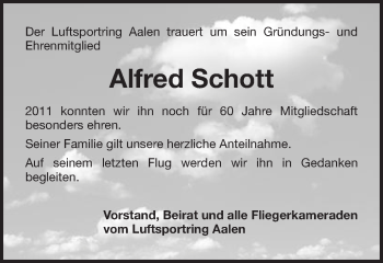 Traueranzeige von Alfred Schott von Schwäbische Post